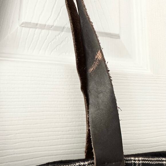 FEED Black White Grid Plaid Brown Leather Strap Tote Bag Nest Artisans - Picture 7 of 11